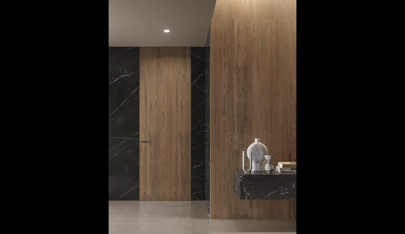 Boiserie Onda verticale in finitura Rovere Terra di Garofoli