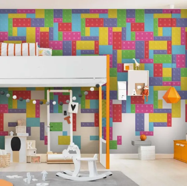 Carta da parati per camerette con pezzi di lego colorati Dowels di Migliorino