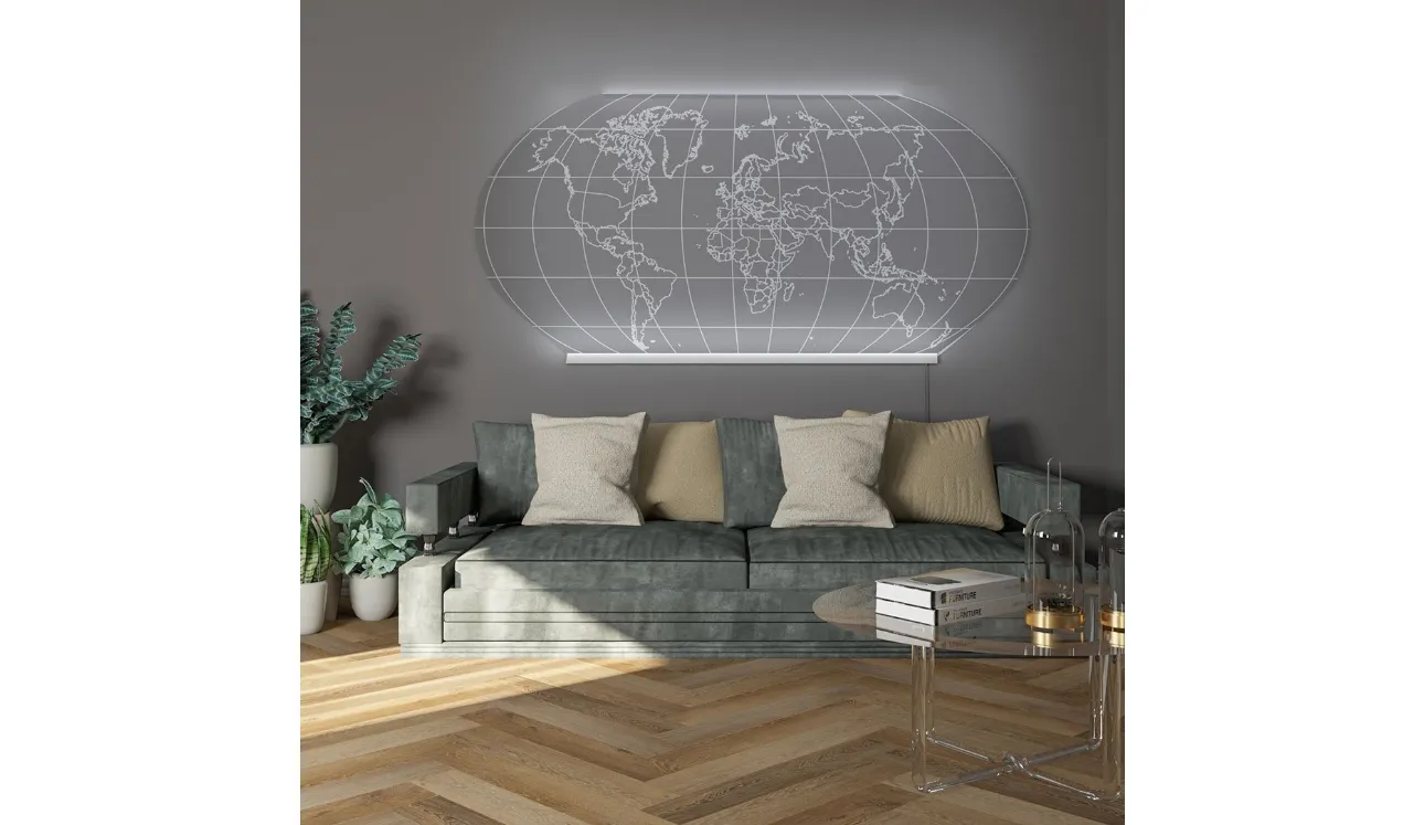 Lampada da parete in cristallo acrilico inciso con tecnologia laser Wall World di Vesta
