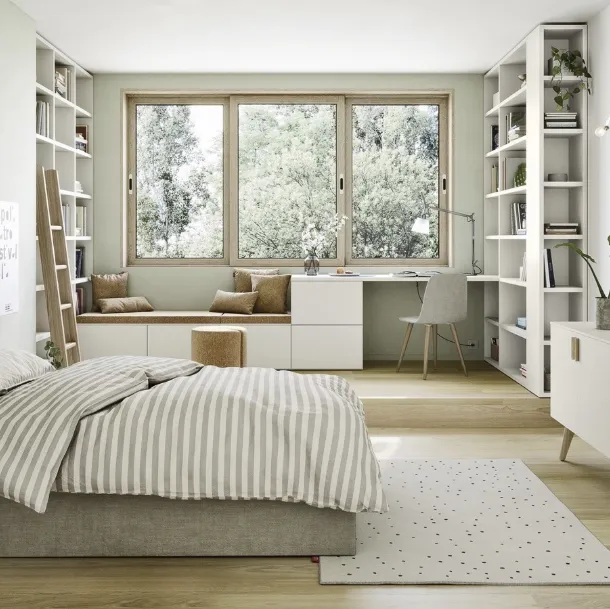 Cameretta in laccato opaco con 2 ampie librerie a muro Next space 01 di Nidi