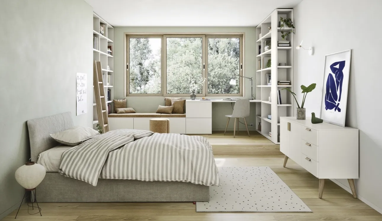 Cameretta in laccato opaco con 2 ampie librerie a muro Next space 01 di Nidi