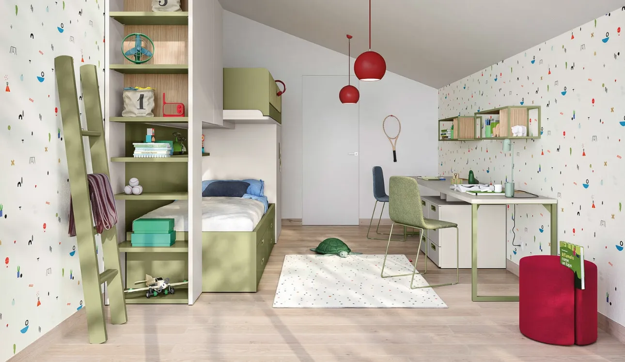 Cameretta in laccato opaco color luna e pistacchio con letti a castello Kids space 17 di Nidi
