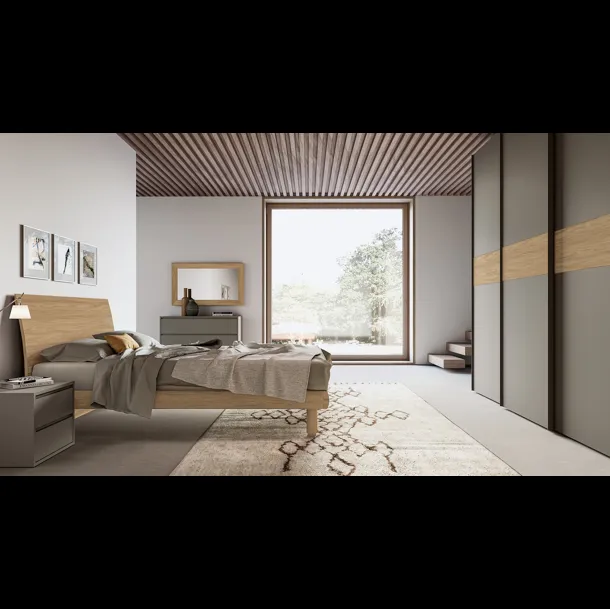 Letto moderno finitura Matwood Honey con testiera Fohn di SantaLucia