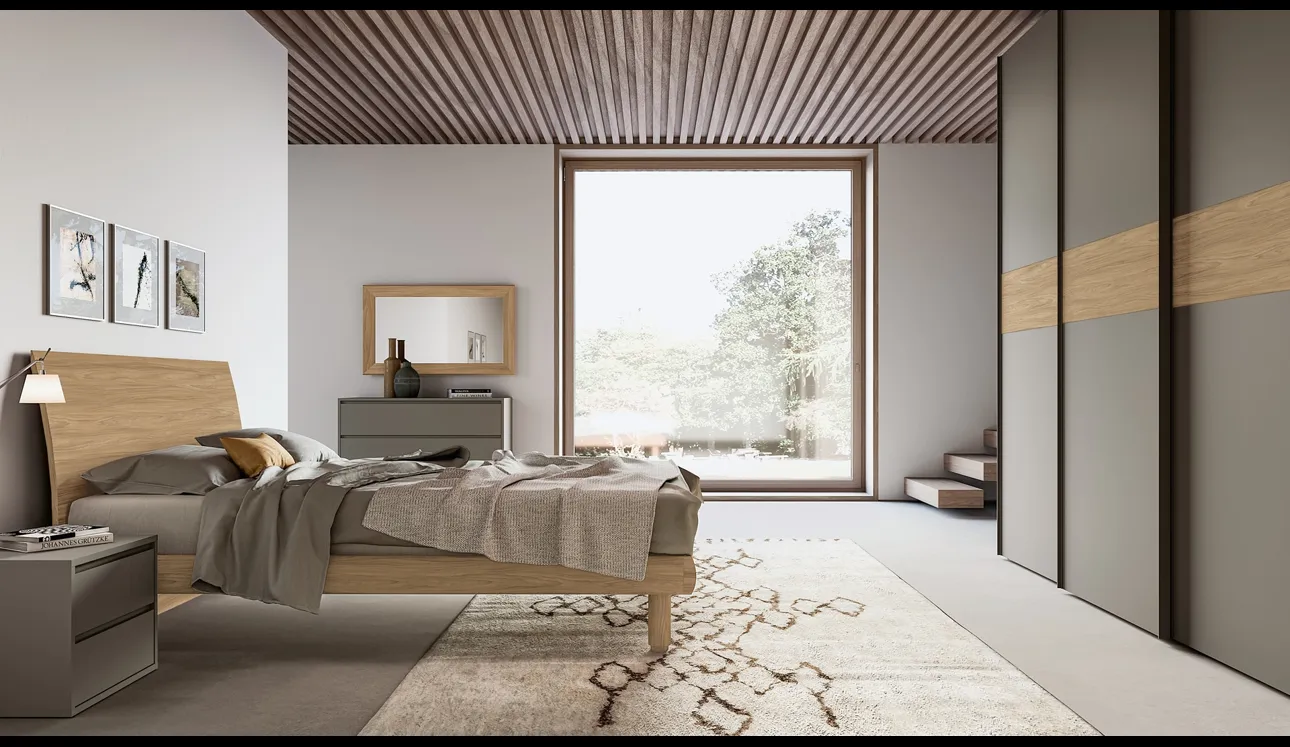 Letto moderno finitura Matwood Honey con testiera Fohn di SantaLucia