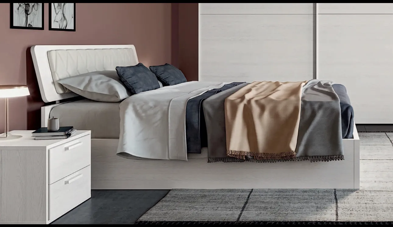 Letto finitura Matwood White con testiera imbottita in ecopelle trapuntata Vela di SantaLucia