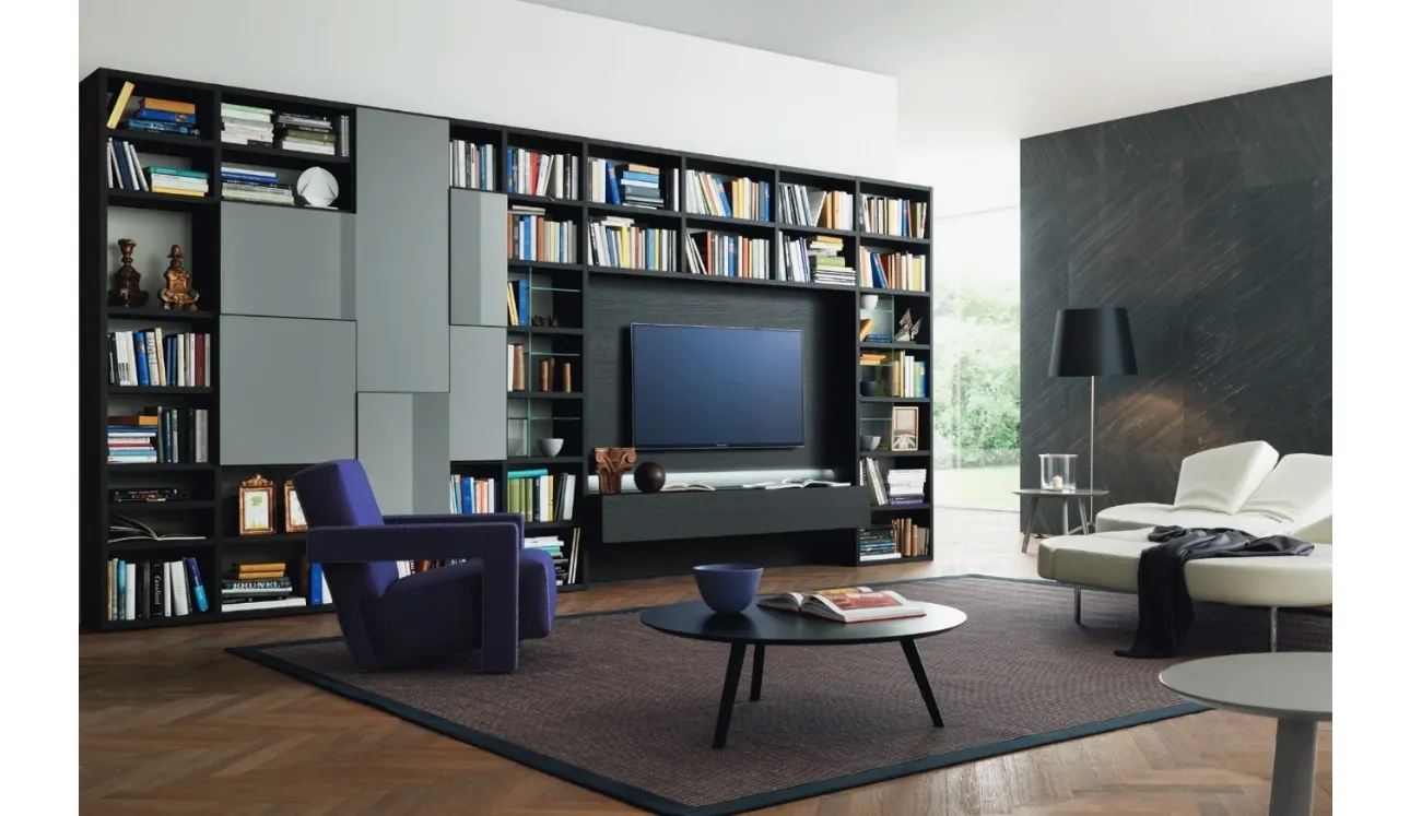 Libreria con vano porta TV Modo M6C72 in laccato opaco e Rovere carbone di Sangiacomo