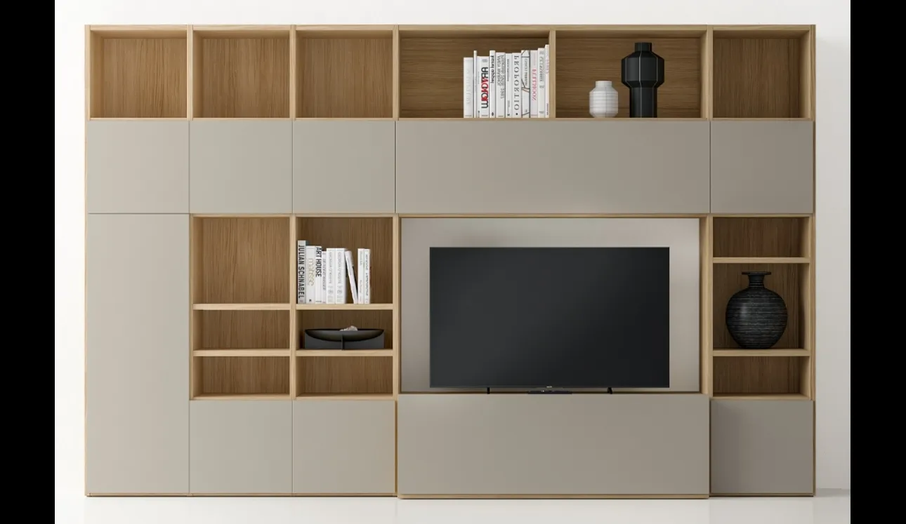Libreria in laccato opaco e finitura Matwood Honey con vano porta TV Pratico Composizione PTG319 di SantaLucia