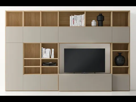 Libreria in laccato opaco e finitura Matwood Honey con vano porta TV Pratico Composizione PTG319 di SantaLucia