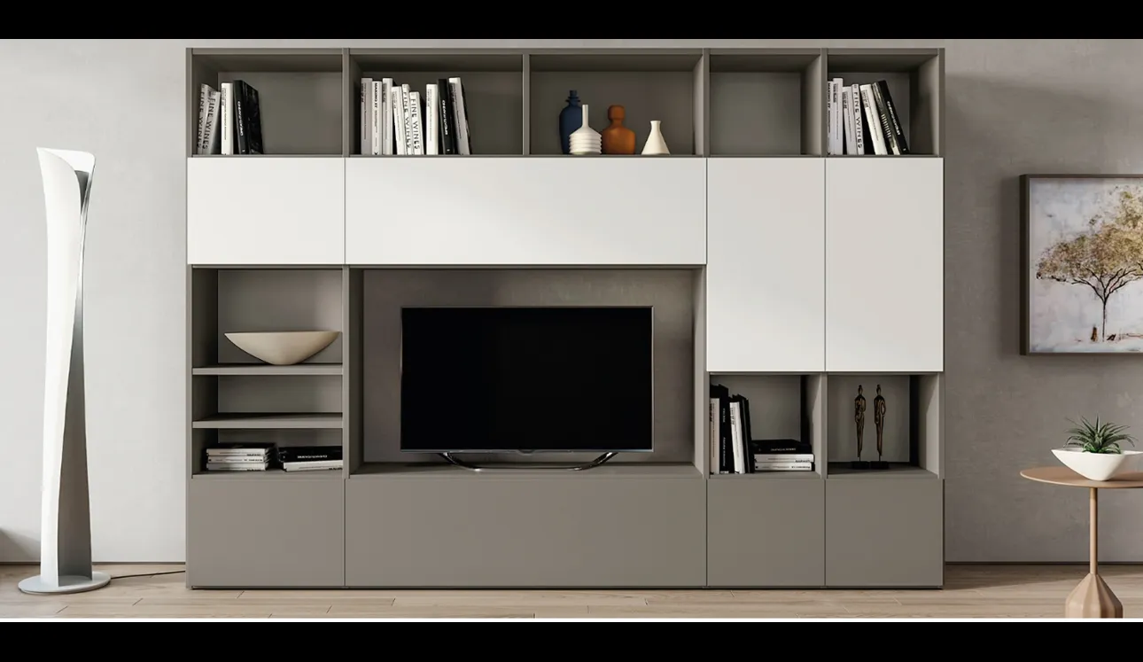 Libreria in laccato opaco con vano porta TV Pratico Composizione PTG312 di SantaLucia