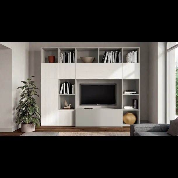 Libreria Composizione Pratico PTG315 in finitura Matwood White e laccato opaco di SantaLucia
