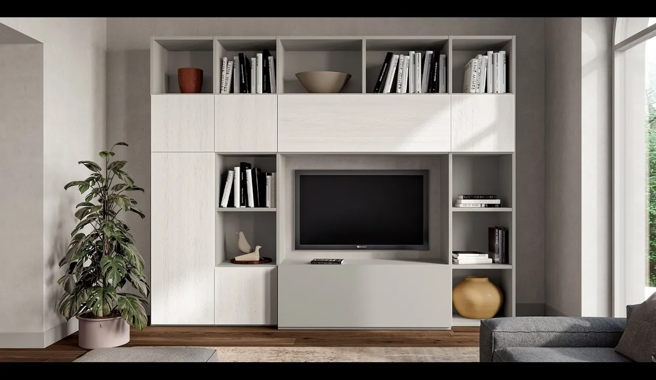 Libreria Composizione Pratico PTG315 in finitura Matwood White e laccato opaco di SantaLucia