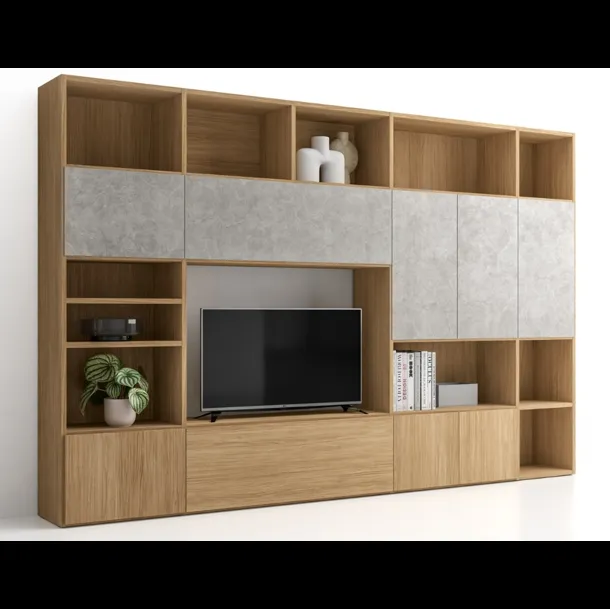 Libreria Pratico Composizione PTG321 in finitura Matwood Honey effetto legno e materico cemento di SantaLucia