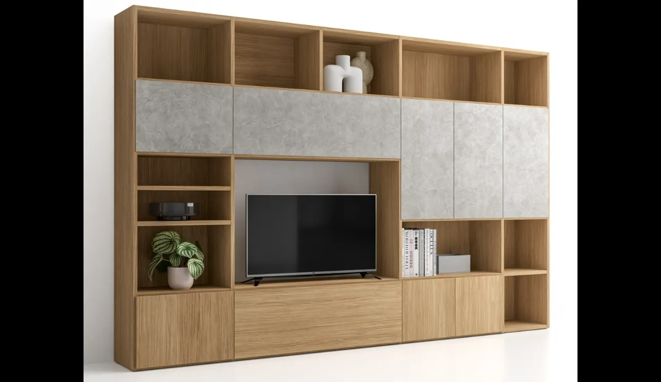 Libreria Pratico Composizione PTG321 in finitura Matwood Honey effetto legno e materico cemento di SantaLucia