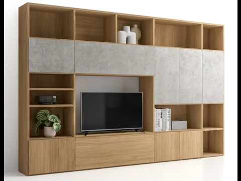 Libreria Pratico Composizione PTG321 in finitura Matwood Honey effetto legno e materico cemento di SantaLucia