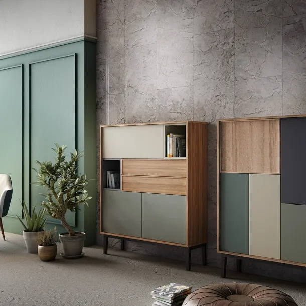 Madia alta Living 10 in laccato opaco colori vari e Aria Larice Cortina di Arredo3