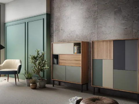 Madia alta Living 10 in laccato opaco colori vari e Aria Larice Cortina di Arredo3