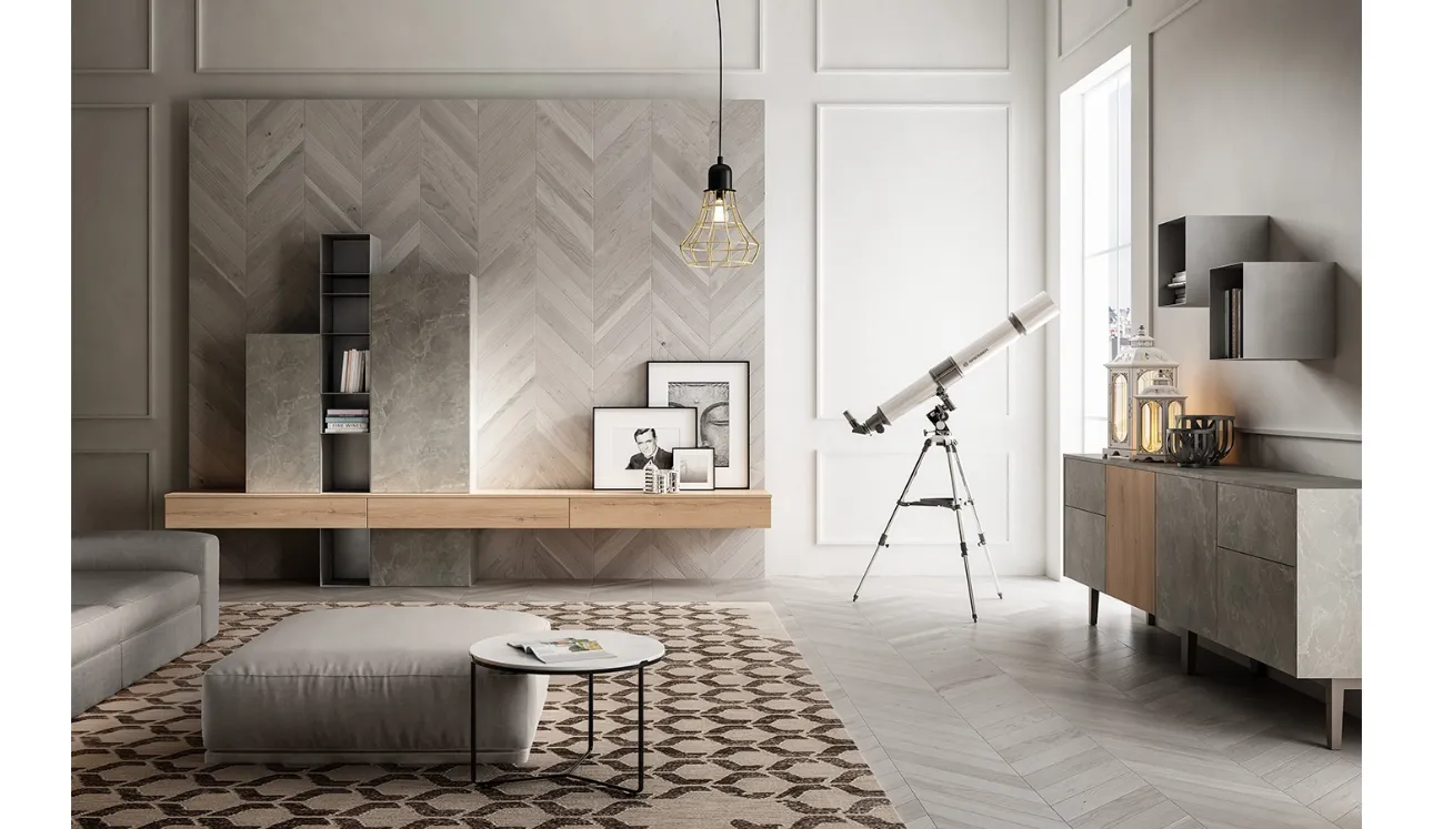 Parete Attrezzata Living 05 in Rovere e Pietra di Arredo3