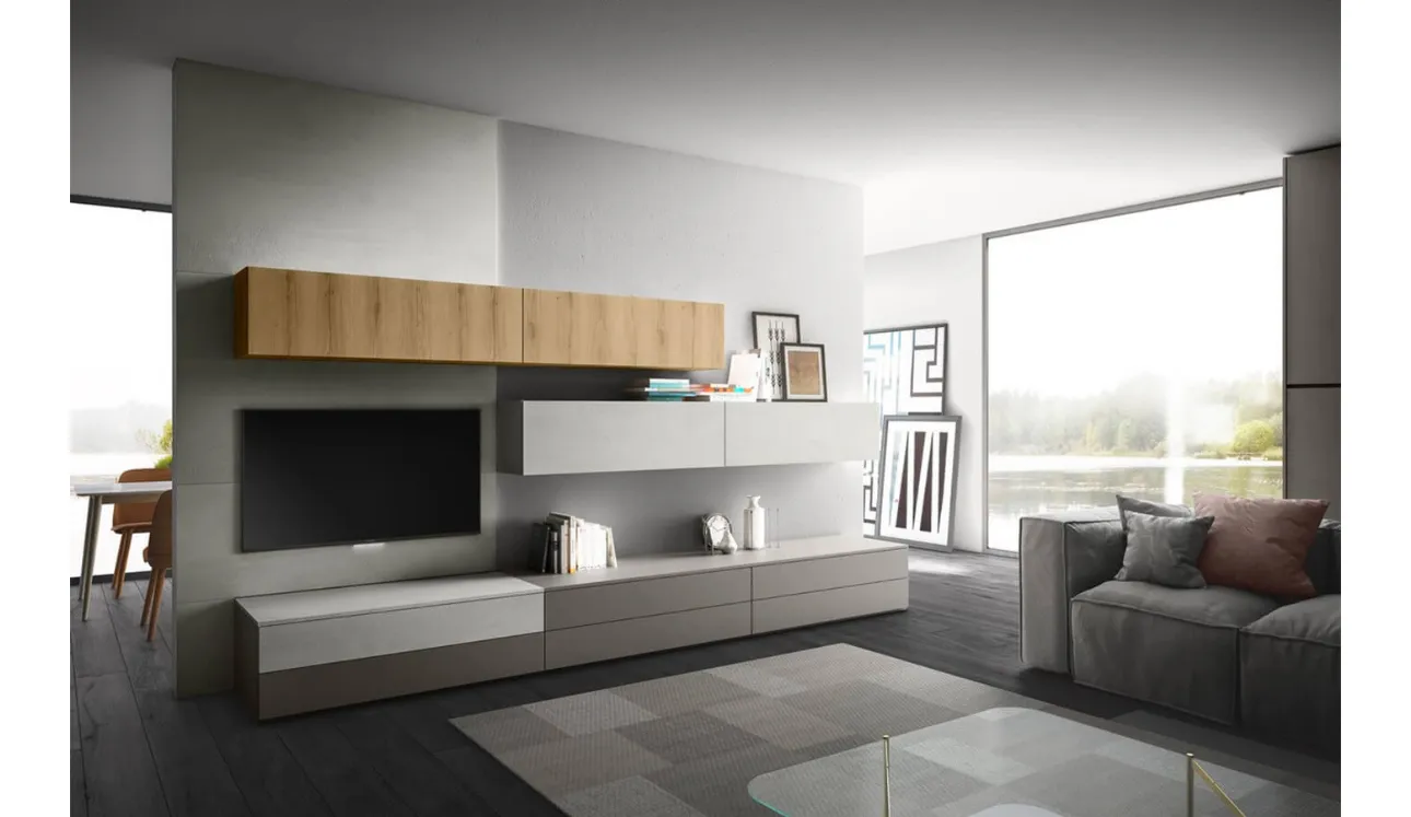 Parete Attrezzata Living 11 in laccato opaco e Rovere biondo di Arredo3
