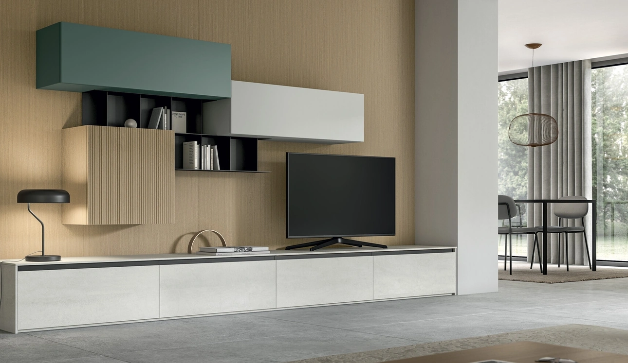 Parete Attrezzata Living Glass in laminam Pietra di Savoia e impiallacciato di Arredo3