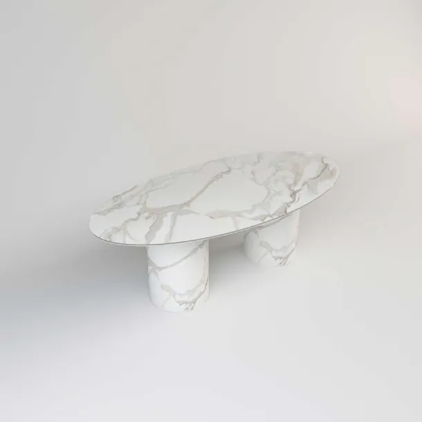 Tavolo ovale con top in cristallo stampato effetto marmo bianco Calacatta 01 di Migliorino