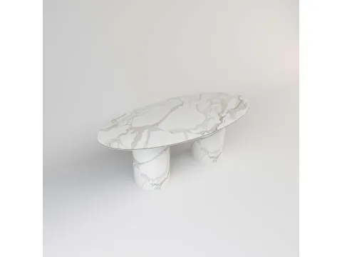 Tavolo ovale con top in cristallo stampato effetto marmo bianco Calacatta 01 di Migliorino