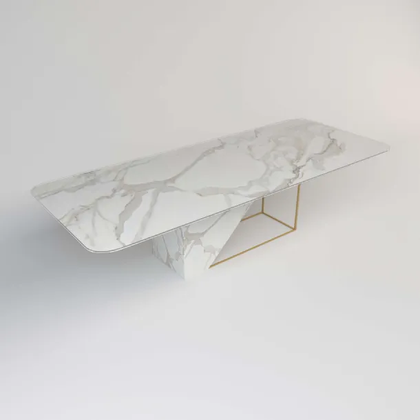 Tavolo rettangolare in cristallo e metallo stampato effetto marmo bianco Calacatta 02 di Migliorino