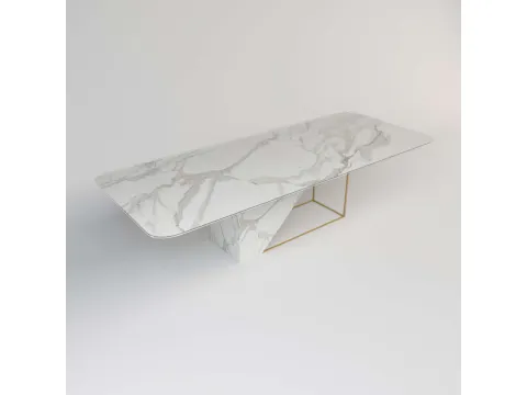 Tavolo rettangolare in cristallo e metallo stampato effetto marmo bianco Calacatta 02 di Migliorino