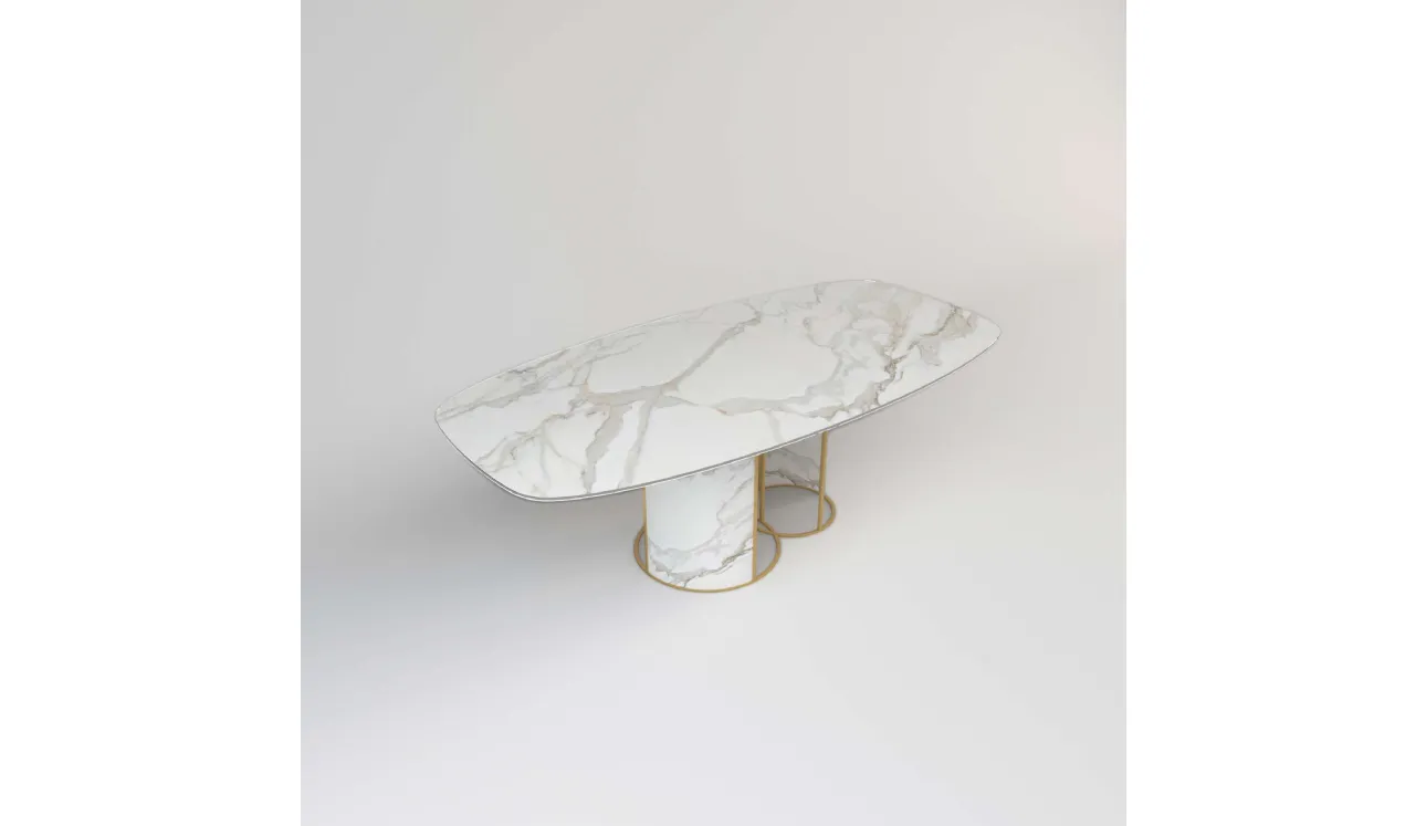 Tavolo con top in cristallo stampato effetto marmo bianco Calacatta 03 di Migliorino