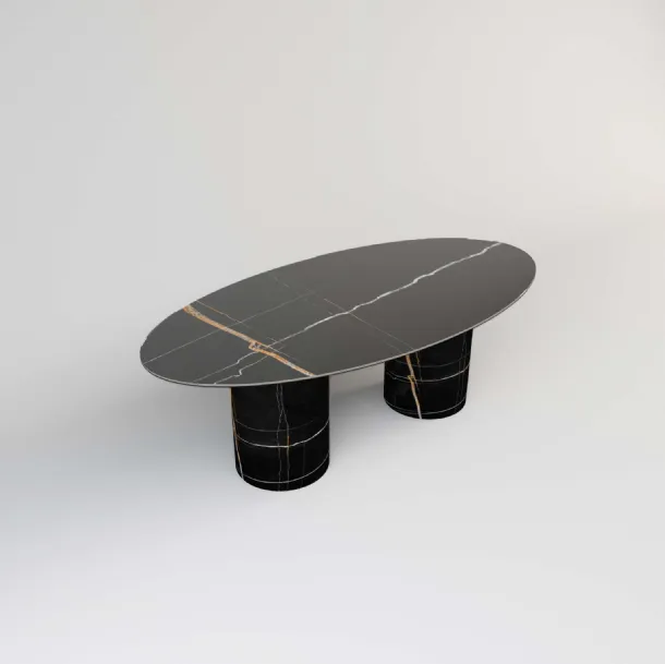 Tavolo ovale in cristallo stampato effetto marmo nero Sahara 01 di Migliorino