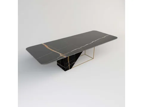 Tavolo rettangolare in cristallo e metallo stampato effetto marmo nero Sahara 02 di Migliorino