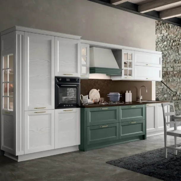 Cucina Classica lineare Beverly v08 in Frassino Bianco e Malachite con top in Pietra naturale Brown Antique di Stosa