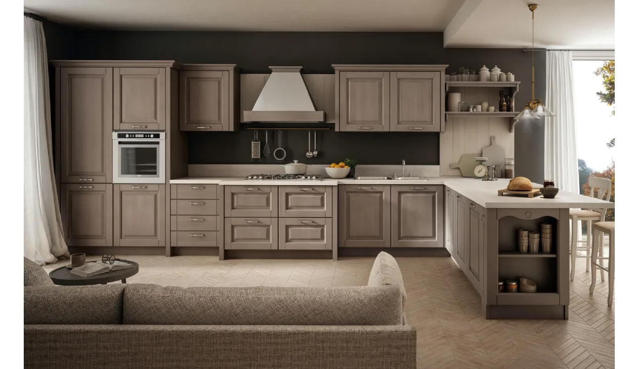 Cucina Classica Bolgheri v3 in Rovere Finitura Cuvèe, Maniglia Argento Antico, Top Laminato Luserna Bianco di Stosa