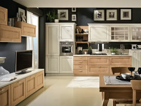 Cucina Classica Bolgheri v6 Finitura Rovere Naturale e Burro, Maniglia MX0A, Pomolo PX0B, Top Laminato Corten Sabbia di Stosa