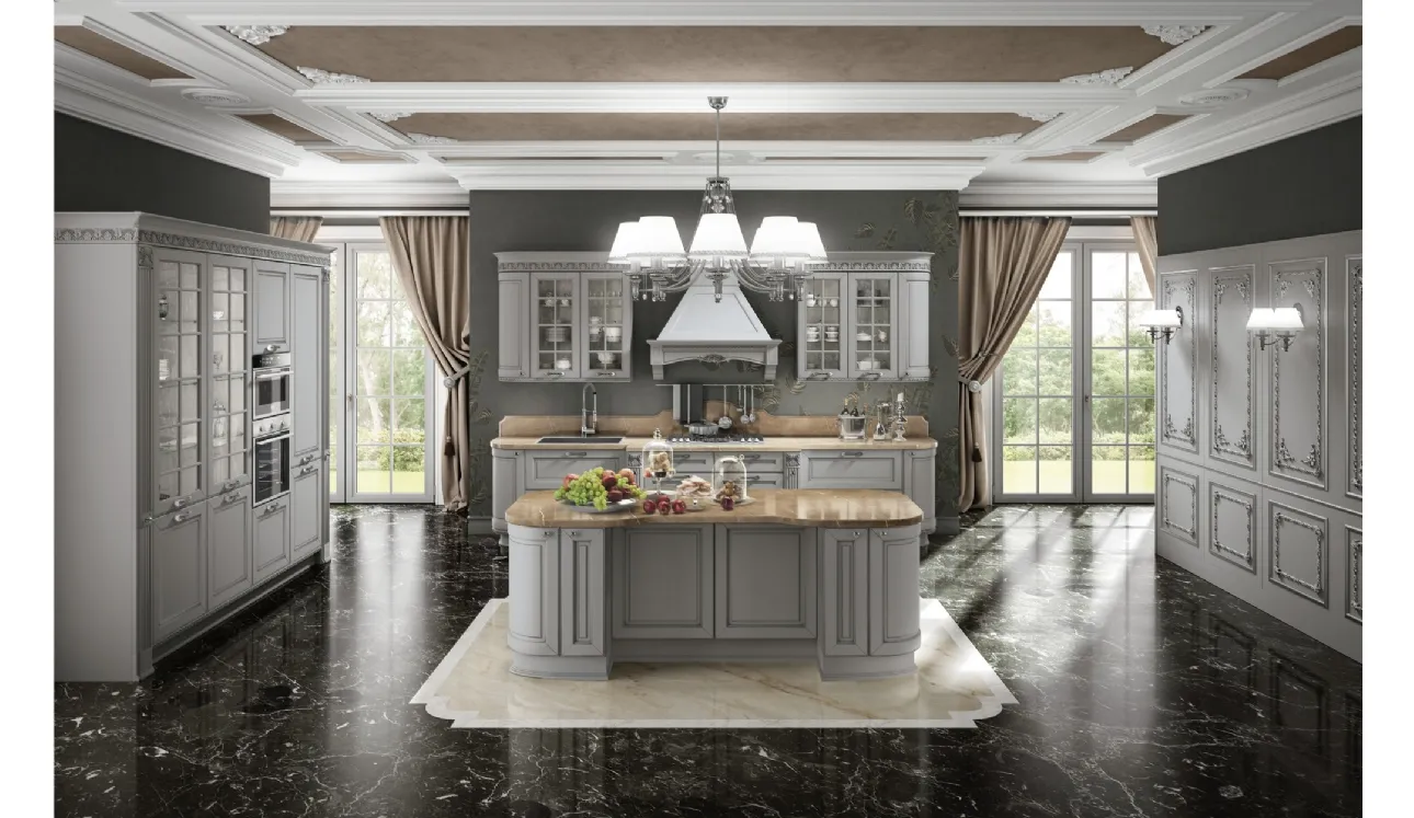 Cucina Classica Dolcevita v12 in Laccato Laguna filo Argento, Top marmo Bronze Amani, Maniglie finitura Cromo lucido con Strass di Stosa