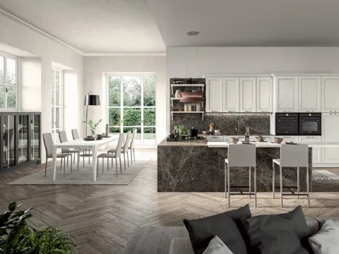 Cucina Classica angolare con penisola in legno di Frassino laccato Bianco a poro aperto e laminato effetto marmo Emma di Arredo3