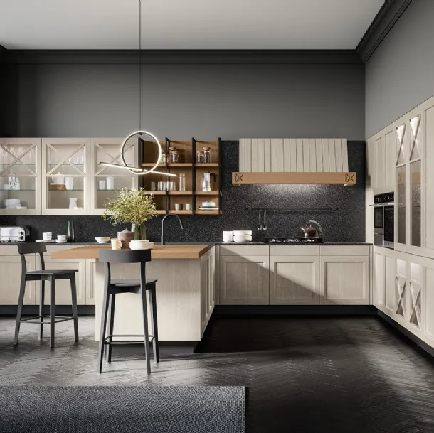 Cucina Classica angolare Frida classic in Frassino massello finitura decapè Fieno con top in quarzo di Arredo3