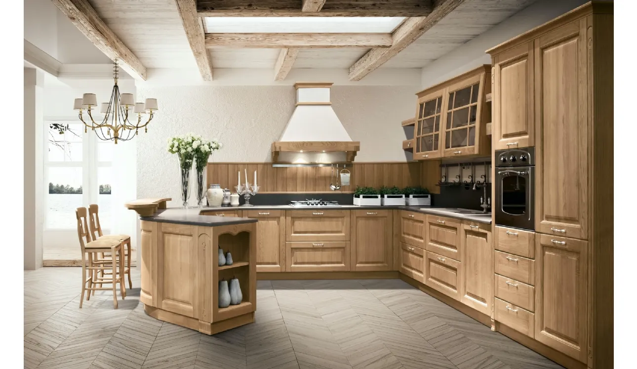 Cucina Classica ad angolo con penisola Bolgheri v08 in Rovere Natura con top in laminato Corten Sabbia di Stosa