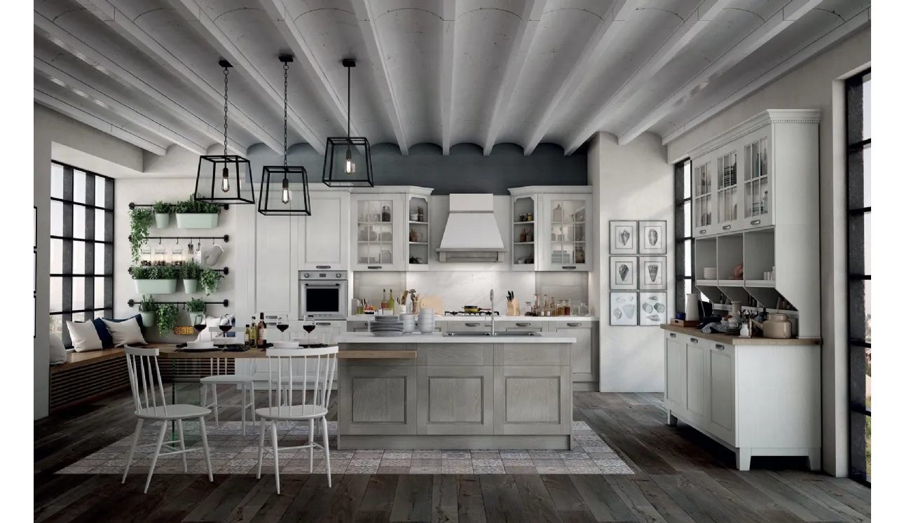 Cucina Classica con isola Virginia v02 in Frassino finitura Perla e Jersey con top in marmo Bianco di Carrara di Stosa