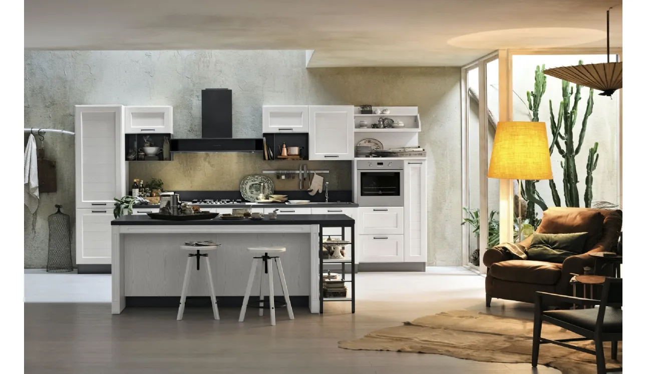 Cucina Classicha York v2 Anta Dogata Rovere Bianco Artic e Maniglia Francesca in finitura Peltro di Stosa