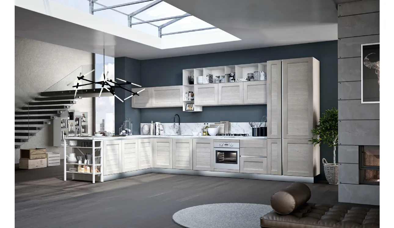 Cucina Classica York v6 in Rovere Calce, Elementi a giorno in lamiera finitura Laccato Bianco opaco di Stosa