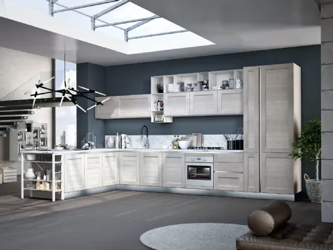 Cucina Classica York v6 in Rovere Calce, Elementi a giorno in lamiera finitura Laccato Bianco opaco di Stosa