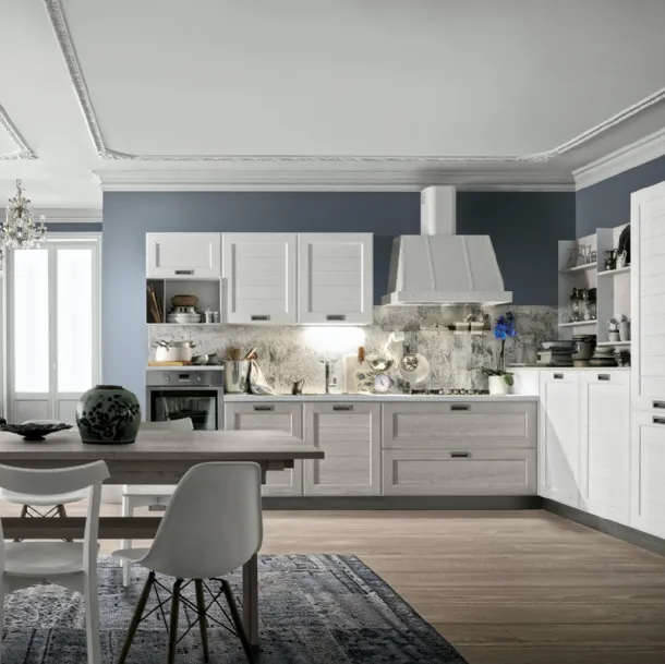 Cucina Classica York v7 Anta Dogata Rovere Calce, Anta Dogata Rovere Bianco, Maniglia ad incasso MTAB di Stosa