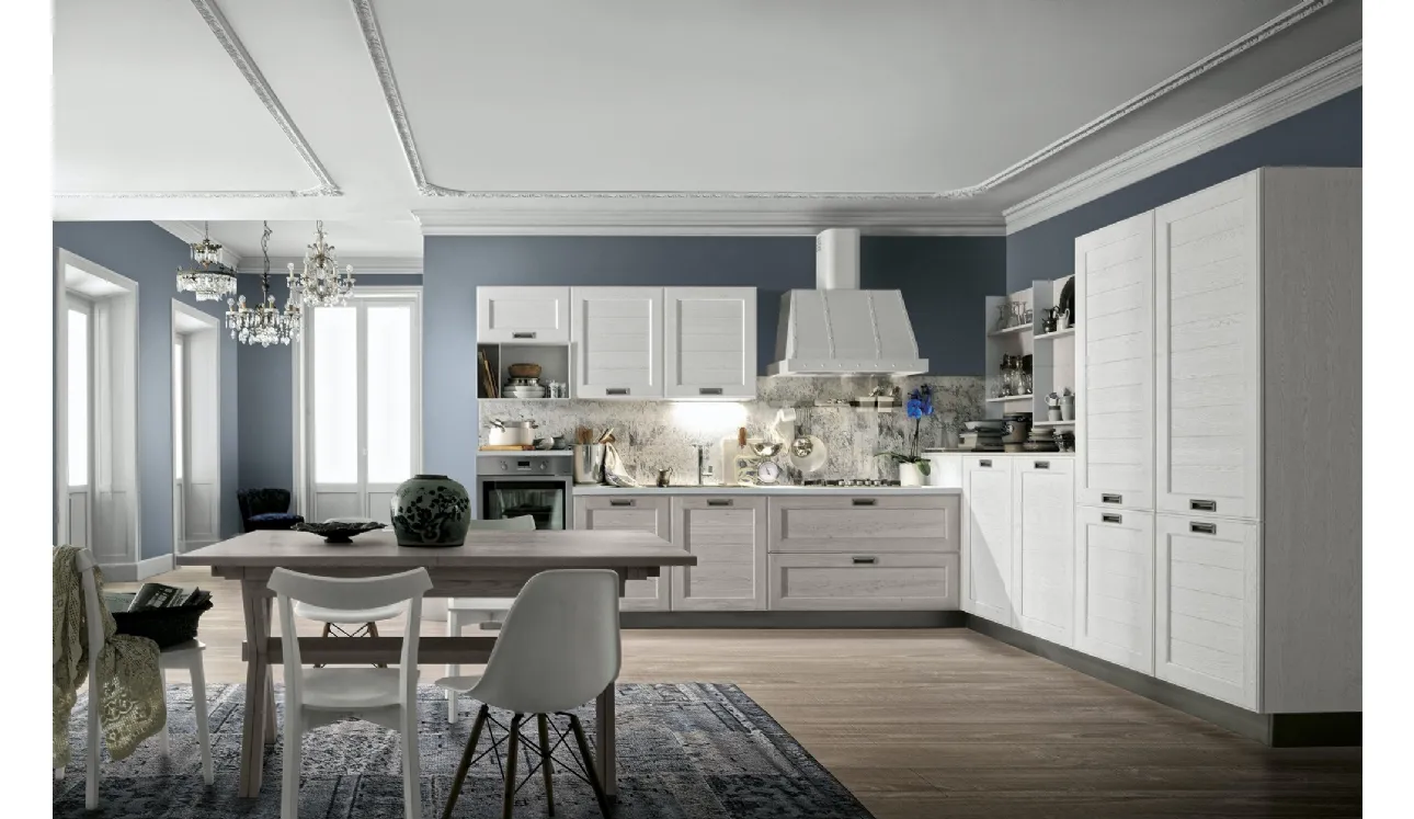 Cucina Classica York v7 Anta Dogata Rovere Calce, Anta Dogata Rovere Bianco, Maniglia ad incasso MTAB di Stosa
