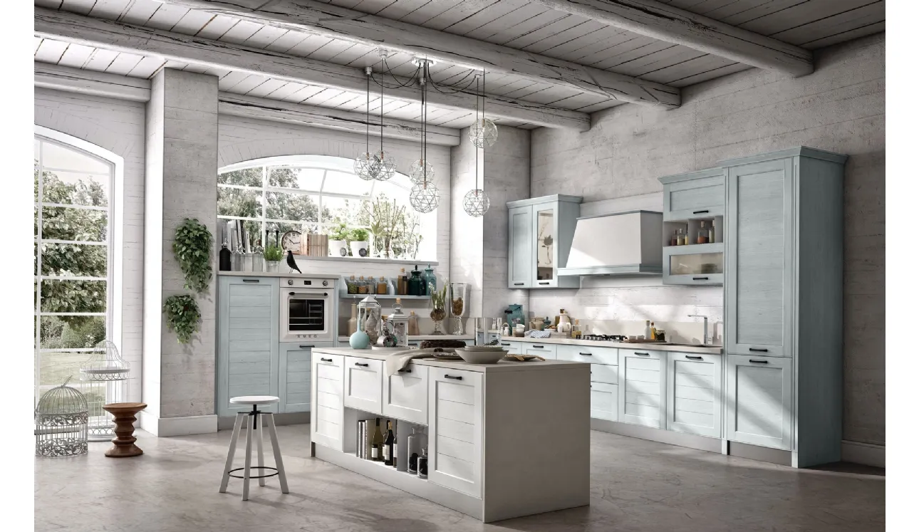 Cucina Classica York v8 in Rovere Bianco e Celeste con Maniglia Francesca di Stosa