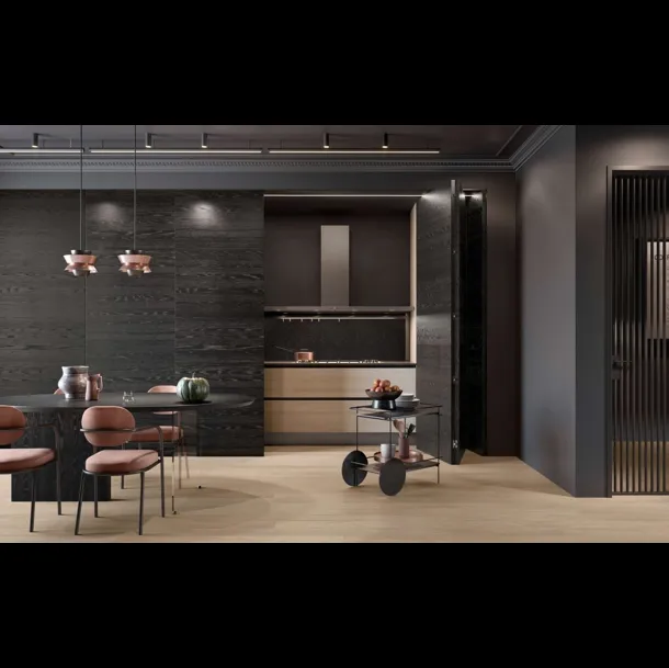 Cucina Design 02 lineare a scomparsa in legno di Rovere Nero e Rovere Ice di Garofoli