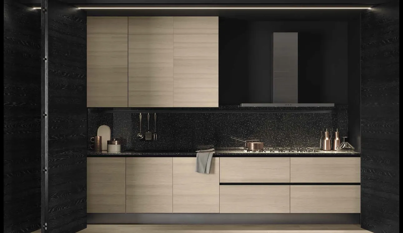 Cucina Design 02 lineare a scomparsa in legno di Rovere Nero e Rovere Ice di Garofoli