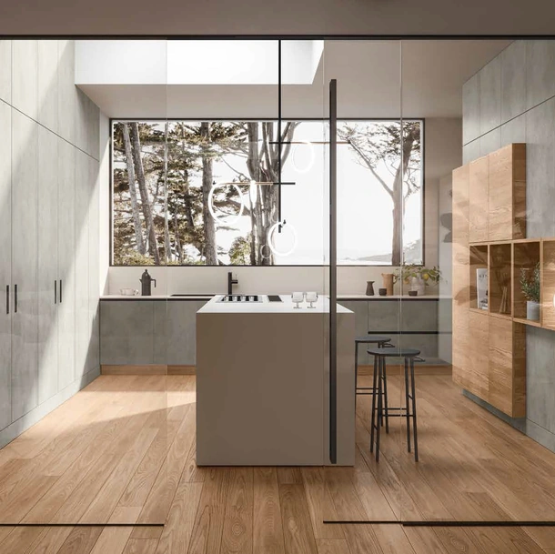 Cucina Design 06 con isola in laminato malta e rovere seta di Garofoli