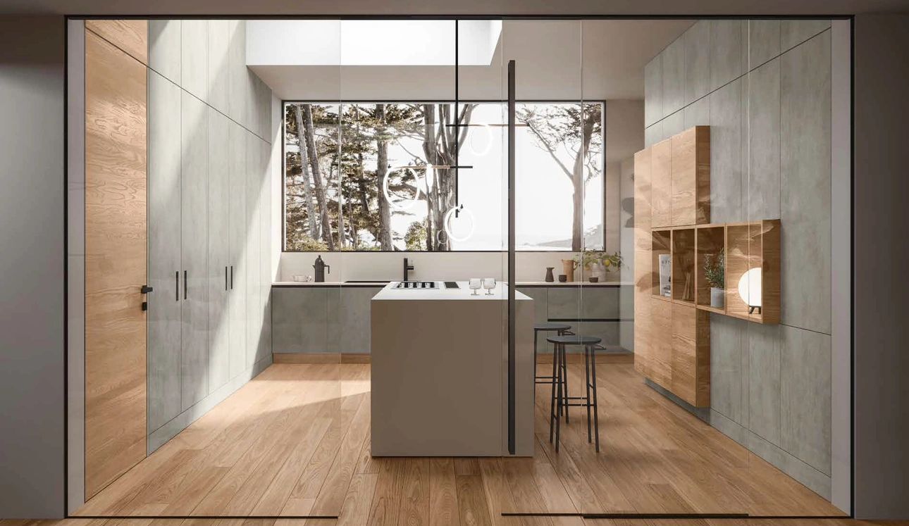 Cucina Design 06 con isola in laminato malta e rovere seta di Garofoli