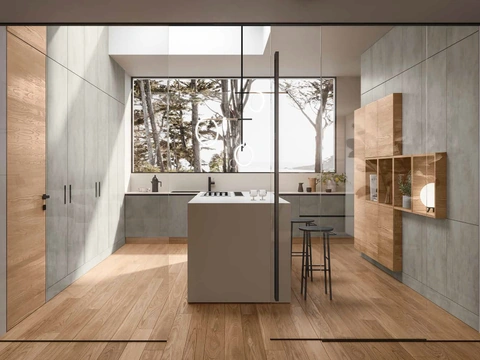 Cucina Design 06 con isola in laminato malta e rovere seta di Garofoli