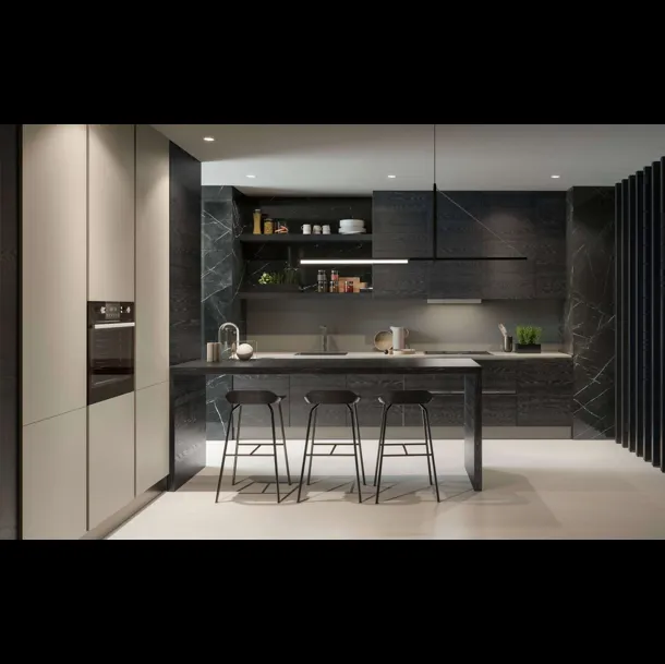 Cucina Design 01 con penisola  in legno di Rovere nero e vetro marmo Nero Marquinia di Garofoli